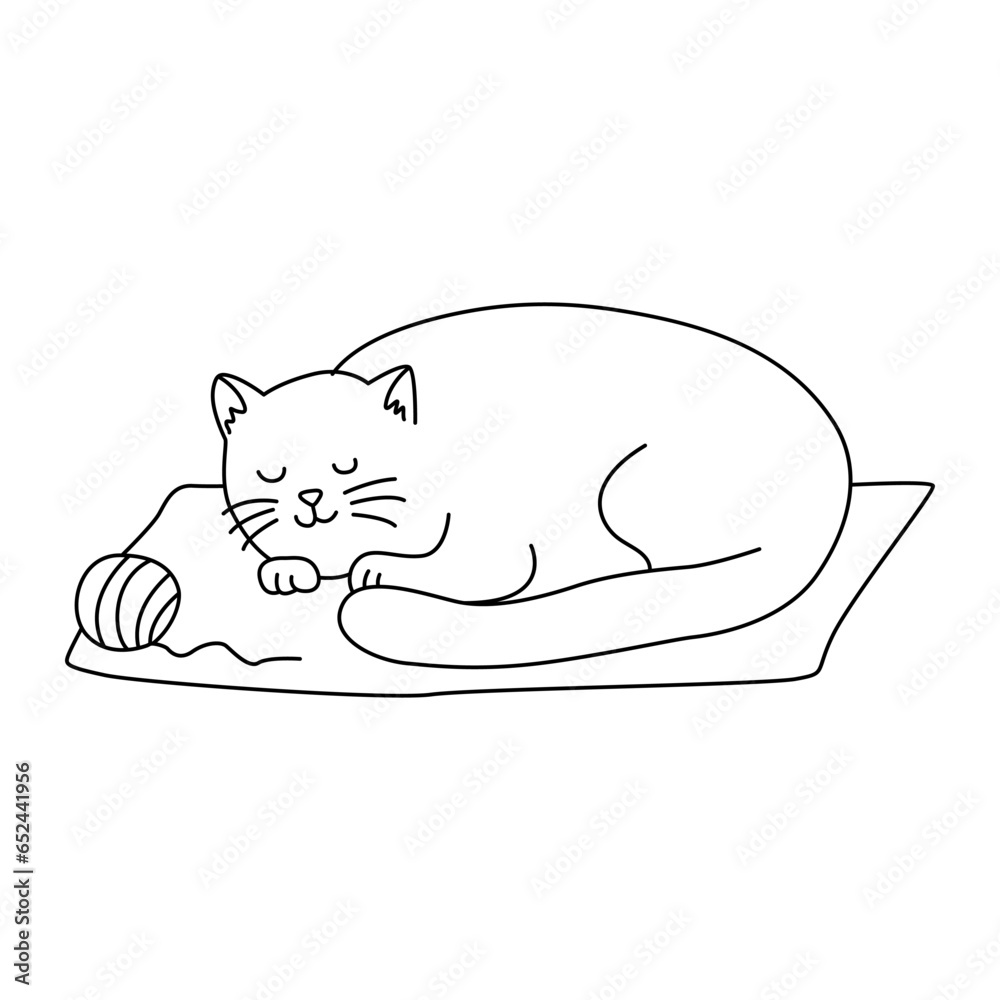 Sleeping cute cat doodle hand drawn vector  illustration black outline