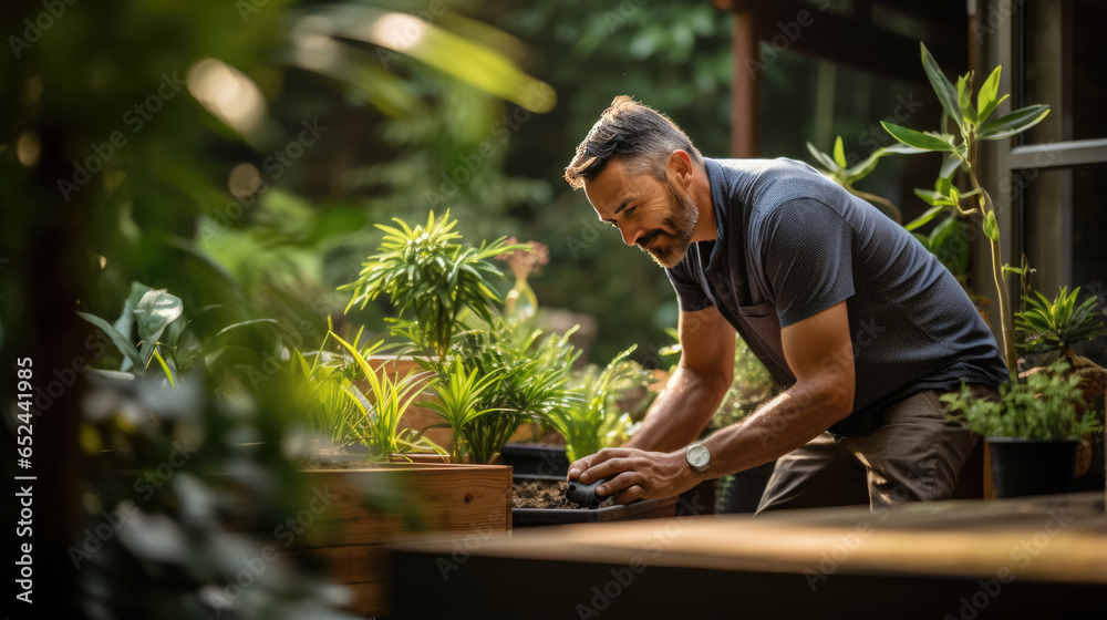 Man is gardening by caring for plants in his plot of land