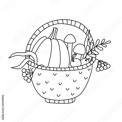 Autumn wicker basket full of vegetables doodle hand drawn illustration black outline