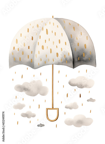 rainy day cloud watercolor decal, in the style of muted colors, chalk art, colorful drawings, light gold and gray, simple, colorful illustrations, shaped canvas, ai generative photo