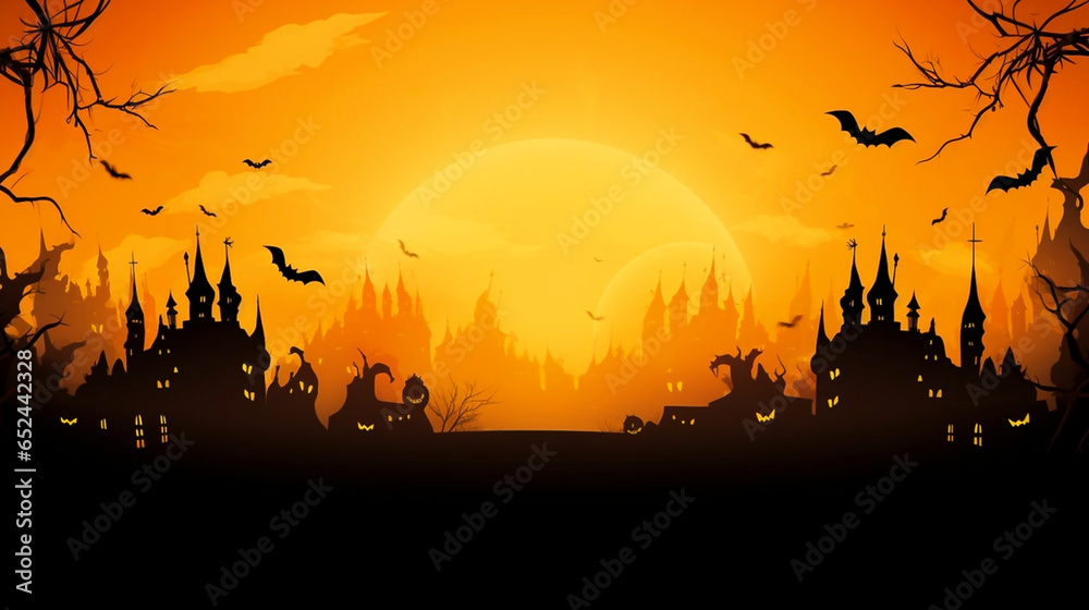 Naklejka premium copy space, City panorama in halloween style. Scary halloween isolated background. Orange and yellow background. Illustration. Halloween background.