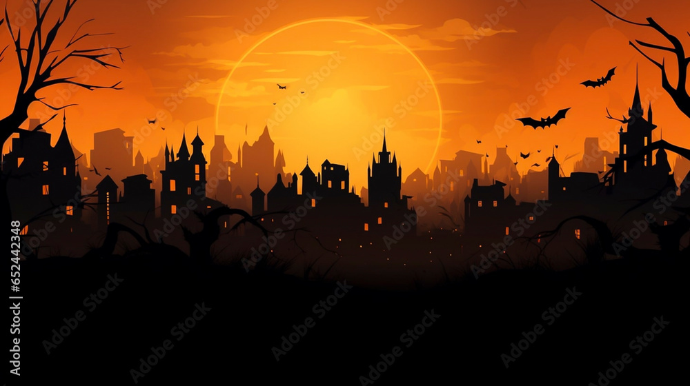 Naklejka premium copy space, City panorama in halloween style. Scary halloween isolated background. Orange and yellow background. Illustration. Halloween background.