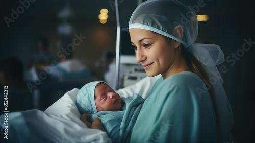 Generative AI  woman holding a newborn baby in her arms in the delivery room  young mother  maternity hospital  clinic  childbirth  pregnancy  small child  postpartum control  neonatology  parent