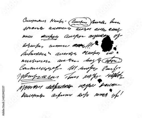 Doodle illustration of illegible text, abstract vintage background of illegible ink-written poetry.  Sweeping handwriting with crossed out words. Vector illustration of a poetic work written by a pen.