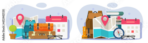 Travel tourism trip calendar icon vector graphic illustration, hiking tour vocation journey planning on tourist map near suitcase baggage, excursion adventure time agenda flat modern design image