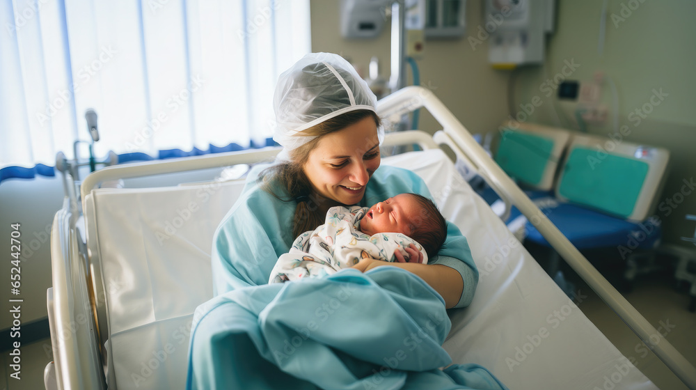 Generative AI, woman holding a newborn baby in her arms in the delivery ...