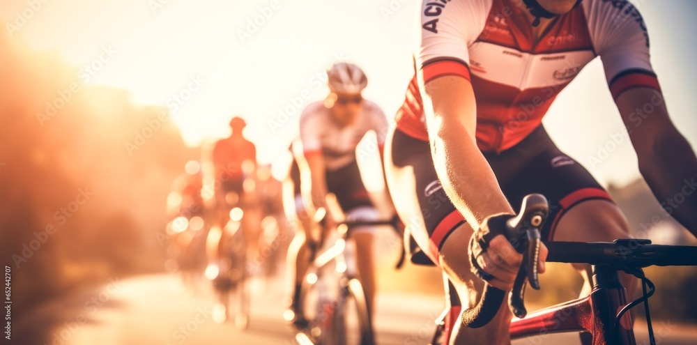 Team of cyclists rides on the highway at sunset Team of cyclists rides on the highway at sunset