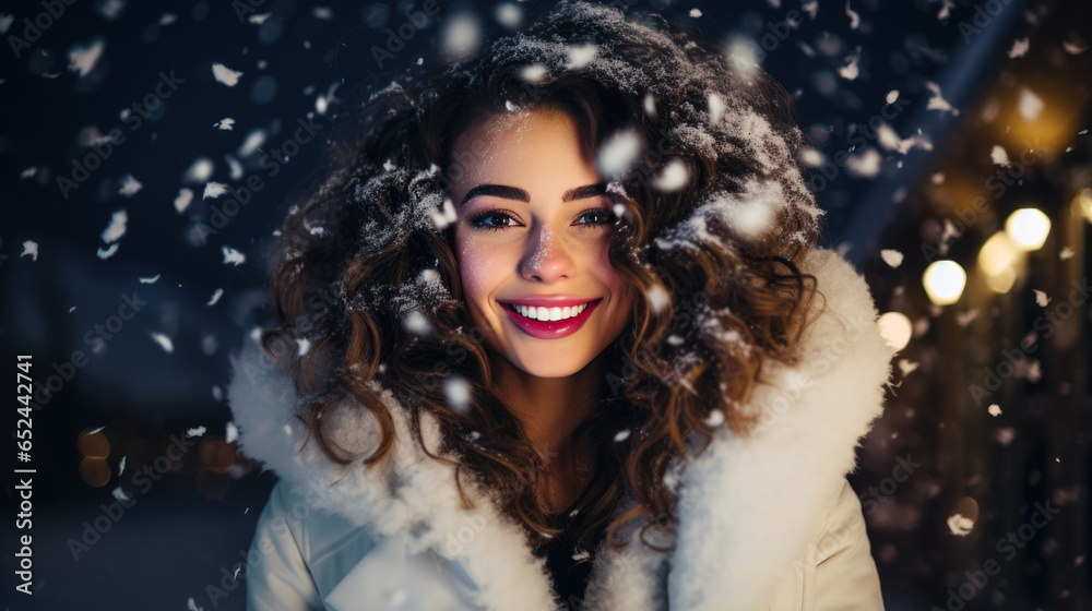 Happy woman smiles in the snowfall outside Happy woman smiles in the snowfall outside