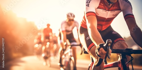 Team of cyclists rides on the highway at sunset © XC Stock