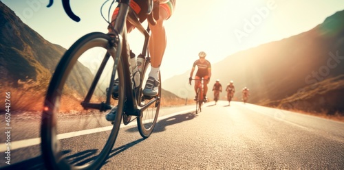 Team of cyclists rides on the highway at sunset