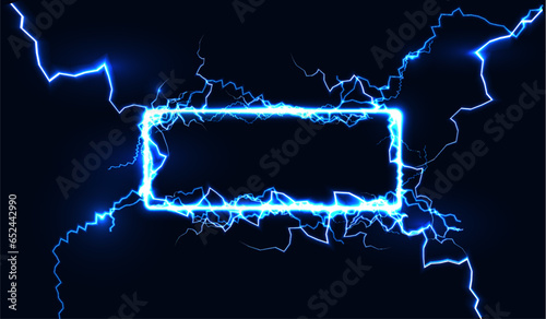 Blue electric realistic flash of lightning frame on transparent background.
