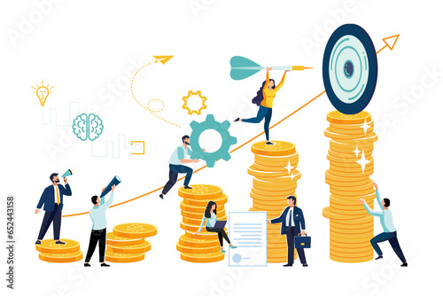 Goals and objectives, business grow and plan concept. Targeting, marketing, business mission concept. People planning strategy for success, leadership. High earnings, cash reward, top of gold coins