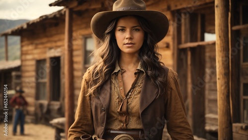 Portrait of a cowgirl in a vintage western setting. 
