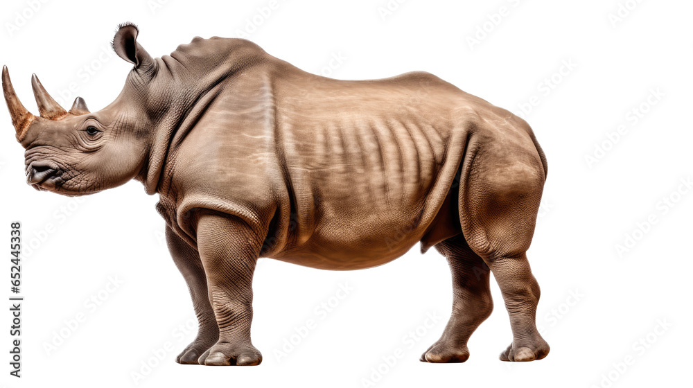 a Rhinoceros, full body in a side view, in an isolated and transparent PNG in a Wildlife-themed, photorealistic illustration. Generative ai