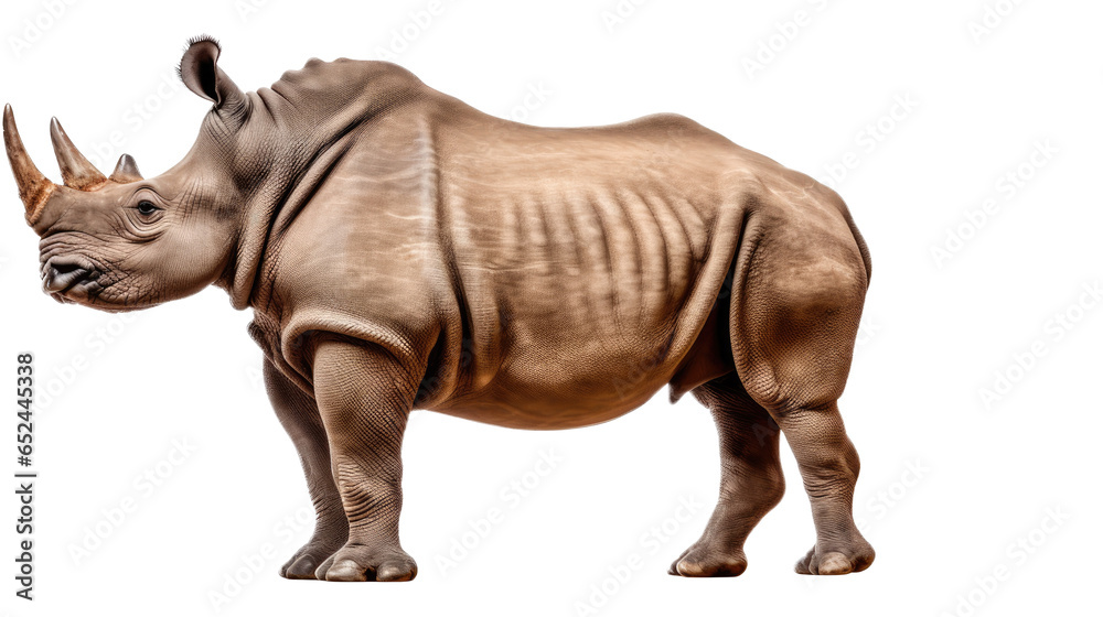 Fototapeta premium a Rhinoceros, full body in a side view, in an isolated and transparent PNG in a Wildlife-themed, photorealistic illustration. Generative ai