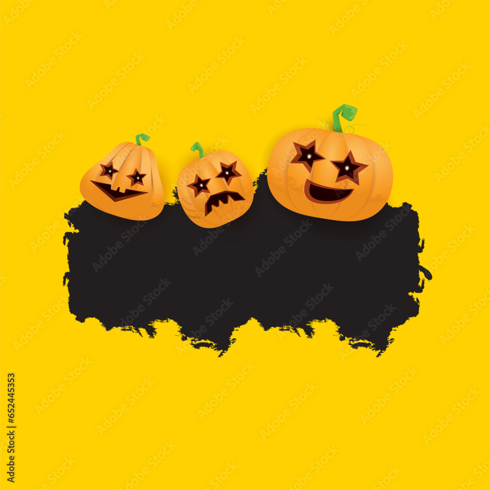 Fototapeta premium Halloween web black grunge Banner or poster with Halloween scary pumpkins isolated on orange background . Funky kids Halloween orange banner with space for greeting text or sale