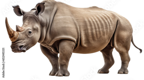 a Rhinoceros  full body in a 3 4 view  in an isolated and transparent PNG in a Wildlife-themed  photorealistic illustration. Generative ai