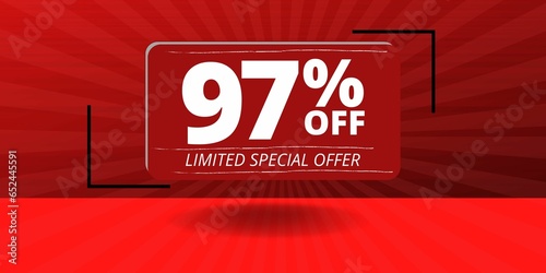 97% off limited special offer. Banner with ninety seven percent discount on a red background with white square and red