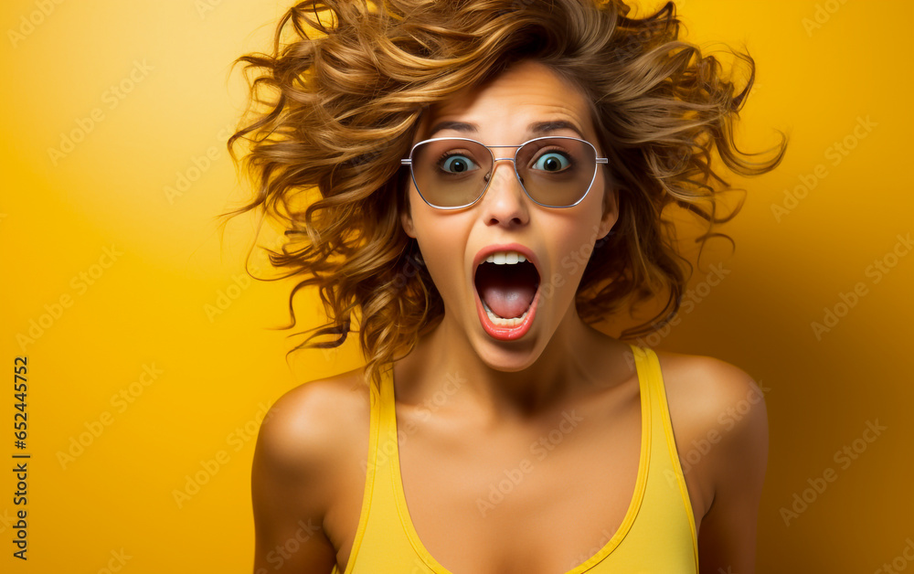 A beautiful girl in singlet and sunglasses with a surprised look, wide open eyes and open mouth, on yellow background A beautiful girl in singlet and sunglasses with a surprised look, wide open eyes and open mouth, on yellow background