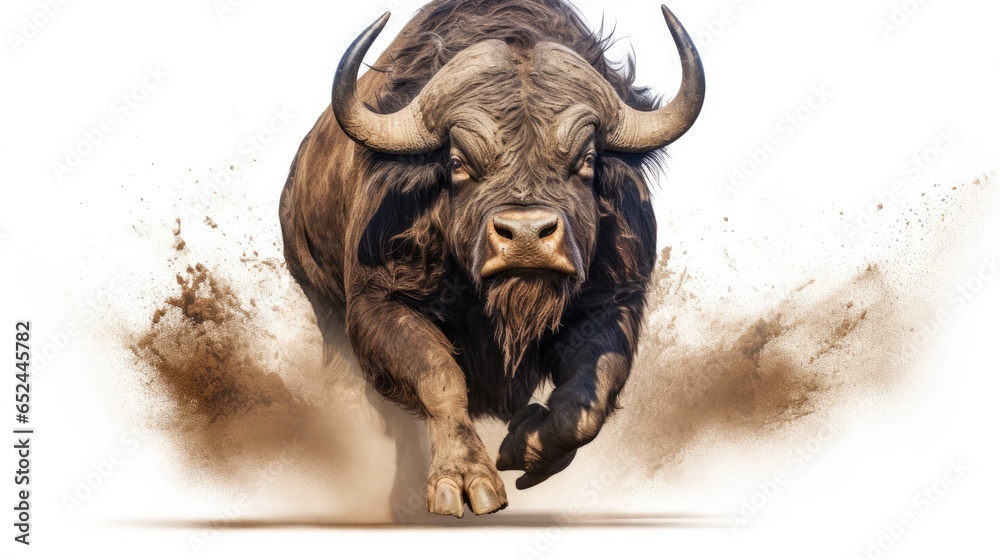 a Water buffalo wildly running front view in a Wildlife-themed, photorealistic illustration in a transparent PNG, cutout, and isolated. Generative ai