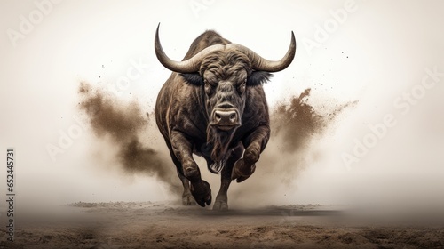 a Water buffalo wildly running front view in a Wildlife-themed, photorealistic illustration in a transparent PNG, cutout, and isolated. Generative ai © Purple Penguin GFX