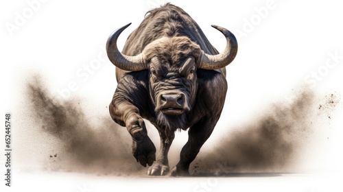 a Water buffalo wildly running front view in a Wildlife-themed, photorealistic illustration in a transparent PNG, cutout, and isolated. Generative ai