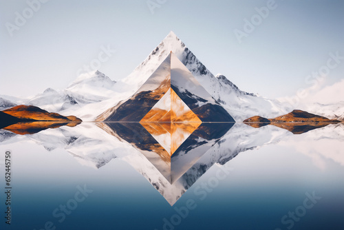 An abstract mountain range with a diamond, pyramid like graphic overlay which is symmetrical and is mirrored on the top and bottom of the image. Calm and peaceful mood.  photo