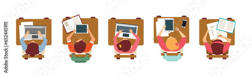 Boy and Girl Pupil or Students Sitting at Desk Top View Vector Set