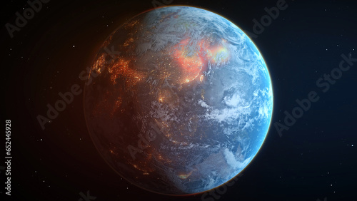 The Earth from space with fire and heat engulfing it, Climate Change Global Warming burning the planet, forest fires