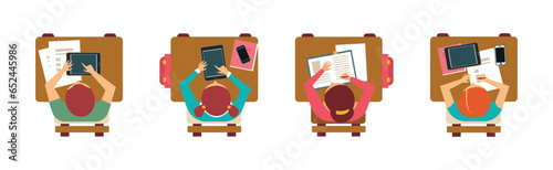 Boy and Girl Pupil or Students Sitting at Desk Top View Vector Set
