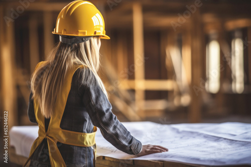 A empowered female contractor examining blueprints in a house renovation, surrounded by wooden structures, displaying the bravery and determination of a woman breaking in a male-dominated world.