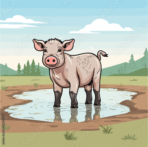a cartoon pig standing in a puddle of water in a field