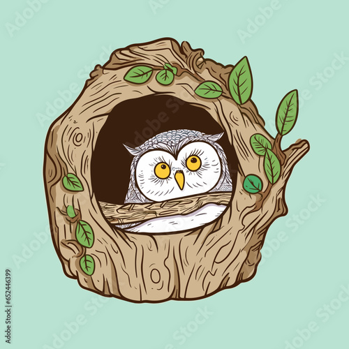 an owl sitting in a hollow with leaves on the side