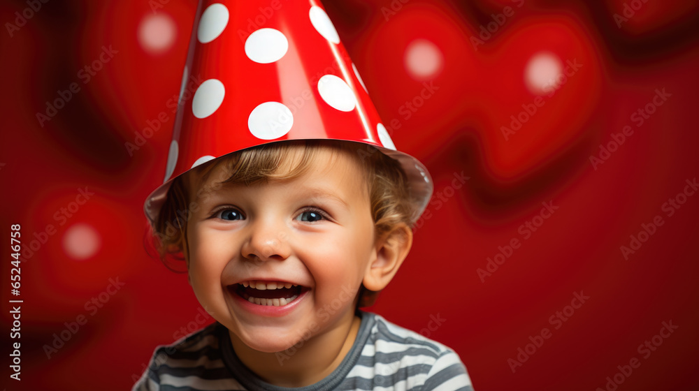 Happy little boy celebrates his birthday wearing a cap on a colorful background Happy little boy celebrates his birthday wearing a cap on a colorful background