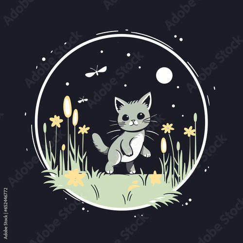 a cat sitting in the grass with flowers and dragonflies