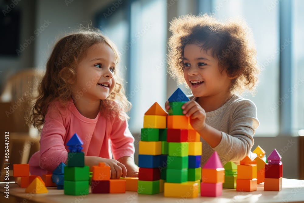 Children play with colored construction blocks, children play with mom and dad in the preschool playroom - obrazy, fototapety, plakaty 