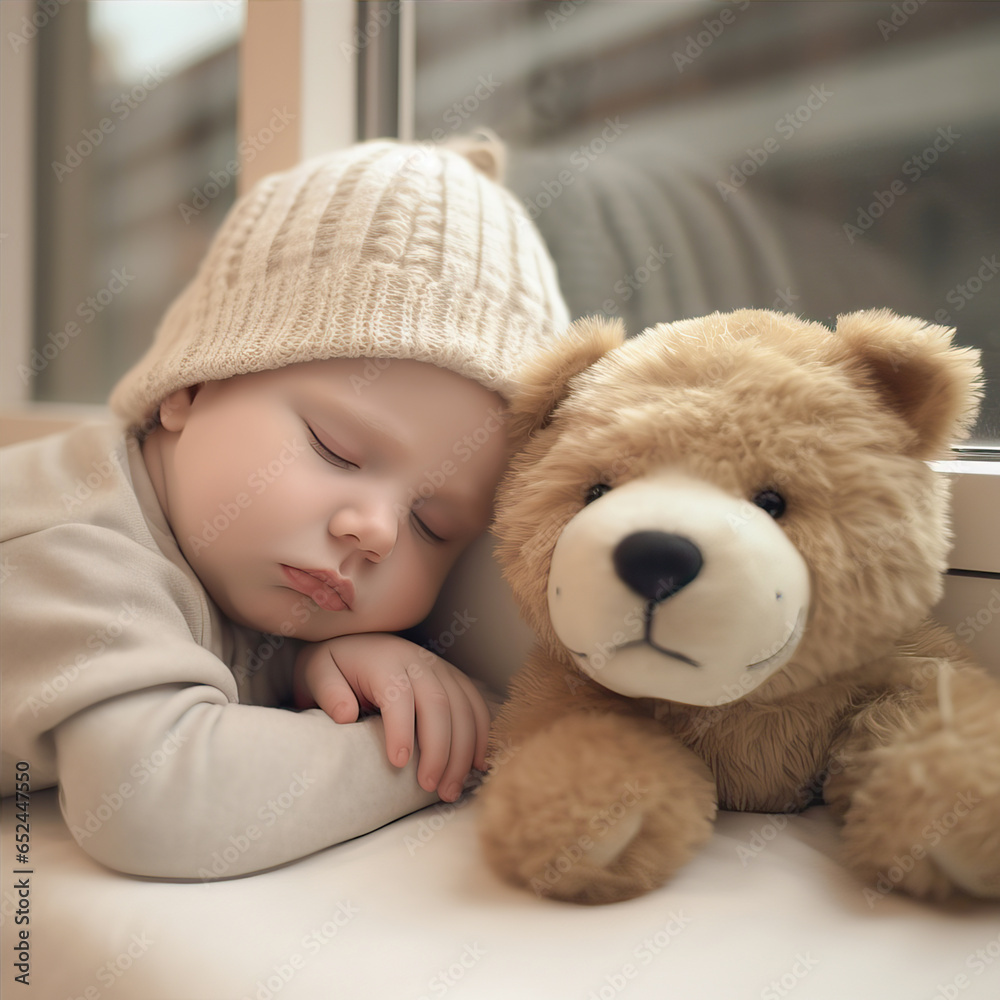 Newborn baby lies with a teddy bear Newborn baby lies with a teddy bear