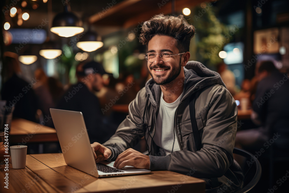 A man uses a laptop and smartphone in a coffee shop, representing small business ownership and hospitality industry entrepreneurship. Generative AI. A man uses a laptop and smartphone in a coffee shop, representing small business ownership and hospitality industry entrepreneurship. Generative AI.