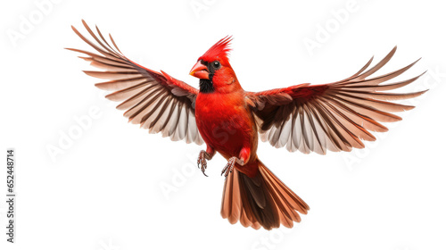 a Northern Cardinal male in-flight in a cutout and isolated Nature-themed, photorealistic illustration in a transparent PNG. Generative ai © Purple Penguin GFX