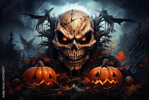 Skeleton with two pumpkins against full moon and flying birds  night  ominous lighting  Halloween concept 