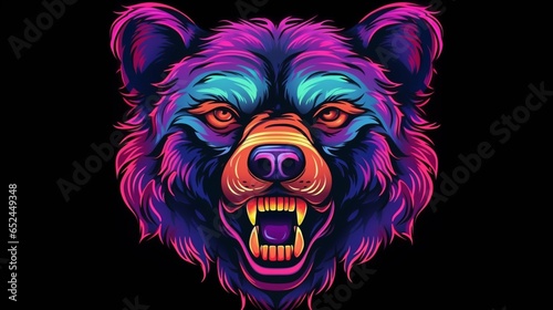 a colorful bear head drawing on a black background.Generative AI © shuvodesign