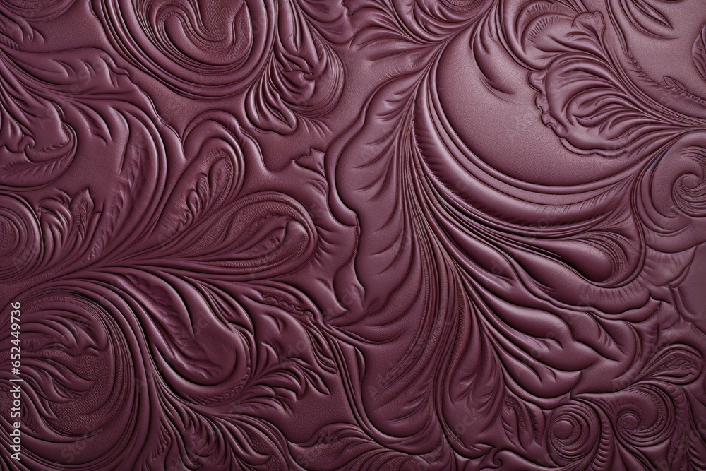 Genuine dark purple leather, texture with floral pattern as background.