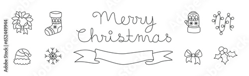 Christmas Doodle Symbol and Objects with Wreath, Stocking, Santa Hat, Mitten and Bow Vector Set