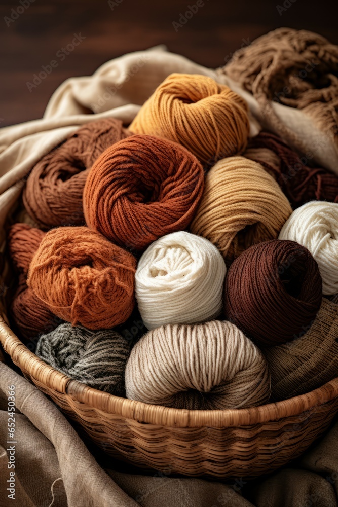 Yarn wool steins in a basket. Autumn colors Yarn wool steins in a basket. Autumn colors