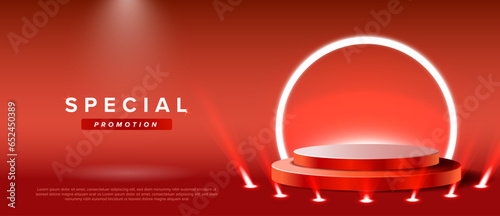 Red Stage podium with lighting, Stage Podium Scene with for Award Ceremony on red Background, Vector illustration