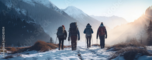 Fotografia Group of friends embarking on a winter hiking expedition