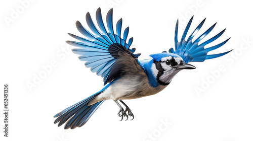 eastern Blue Jay Cyanocitta cristata, in-flight, side view in a Nature-themed, photorealistic illustration in a transparent PNG, cutout, and isolated. Generative ai