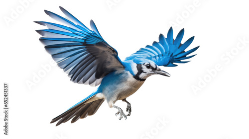 eastern Blue Jay Cyanocitta cristata, in-flight, side view in a Nature-themed, photorealistic illustration in a transparent PNG, cutout, and isolated. Generative ai