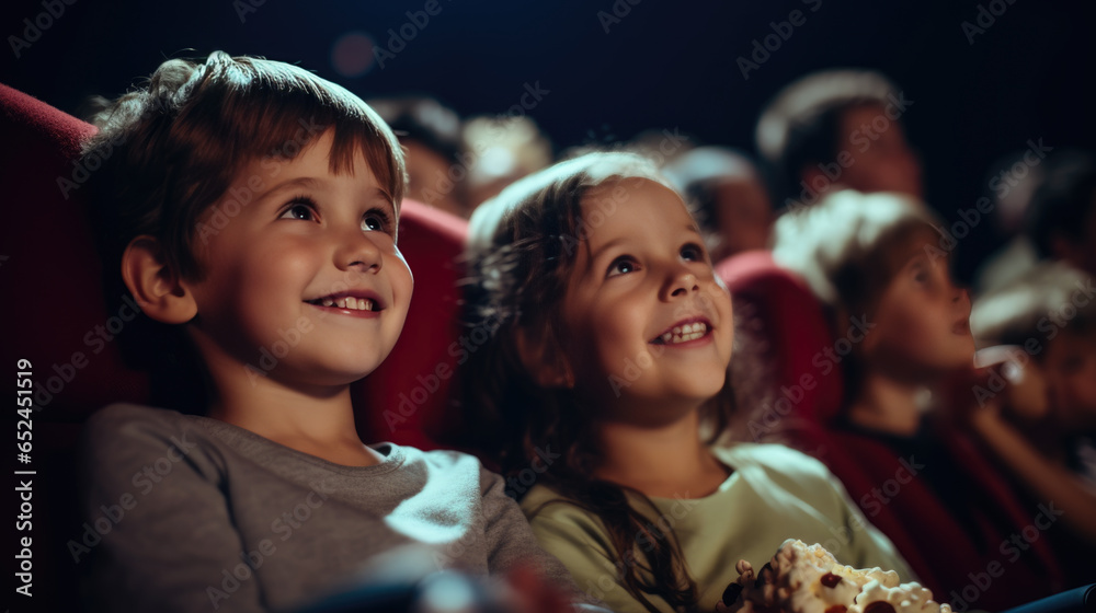 Happy smiling kids sitting in a movie theater and watching a movie.