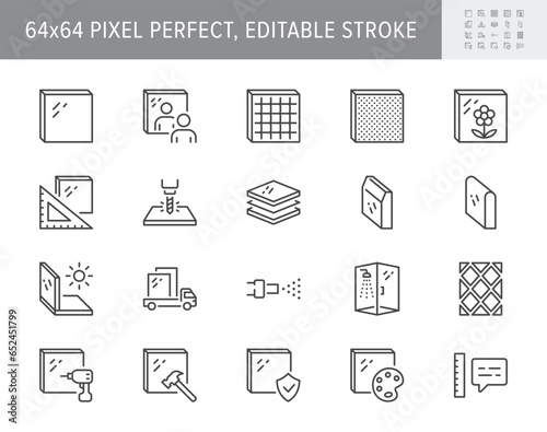 Glass types line icons. Vector illustration include icon - ferroglass, reinforced, frosted, privacy, strained, tempered, secure outline pictogram for mirrors. 64x64 Pixel Perfect, Editable Stroke